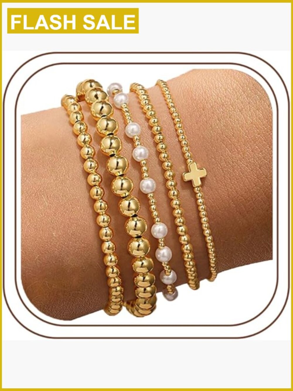 Gold Beaded Bracelet Set Stackable Stretch 5pcs Dainty Pearl Cross